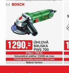 ÚHLOVÁ BRUSKA PWS 700 Příkon: 700 W Volnoběžné otáčky: 11000 ot./min Průměr brusného kotouče: 115 mm Balení: karton