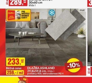 DLAŽBA ASHLAND 29,8x59,8 cm, třída I, protiskluz R10, otěruvzdornost PEI 4