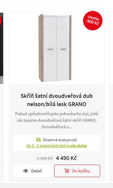 Skříň šatní dvoudveřová dub nelson/bílá lesk GRANO