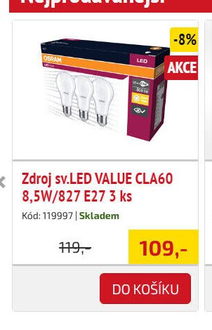Zdroj sv.LED VALUE CLA60 8,5W/827 E27 3 ks