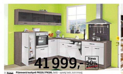 Plánovaná kuchyně PN220/PN100, šedá - vysoký lesk, dub tmavý
