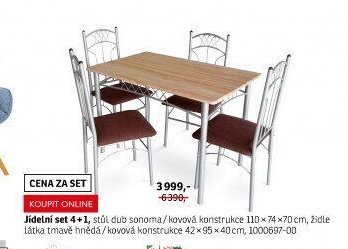 Jídelní set 4+1, stůl dub sonoma/kovová konstrukce 110x74x70 cm, židle látka tmavě hnědá/kovová konstrukce 42x95x40 cm