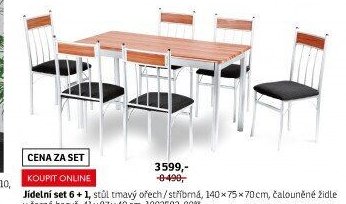 Jídelní set 6+1, stůl tmavý ořech/stříbrná, 140x75x70 cm, čalouněné židle v černé barvě, 41x87x40 cm
