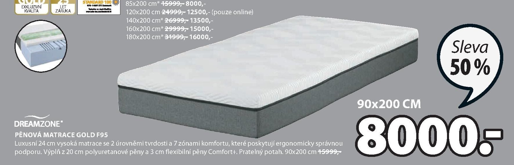 DREAMZONE PĚNOVÁ MATRACE GOLD F95