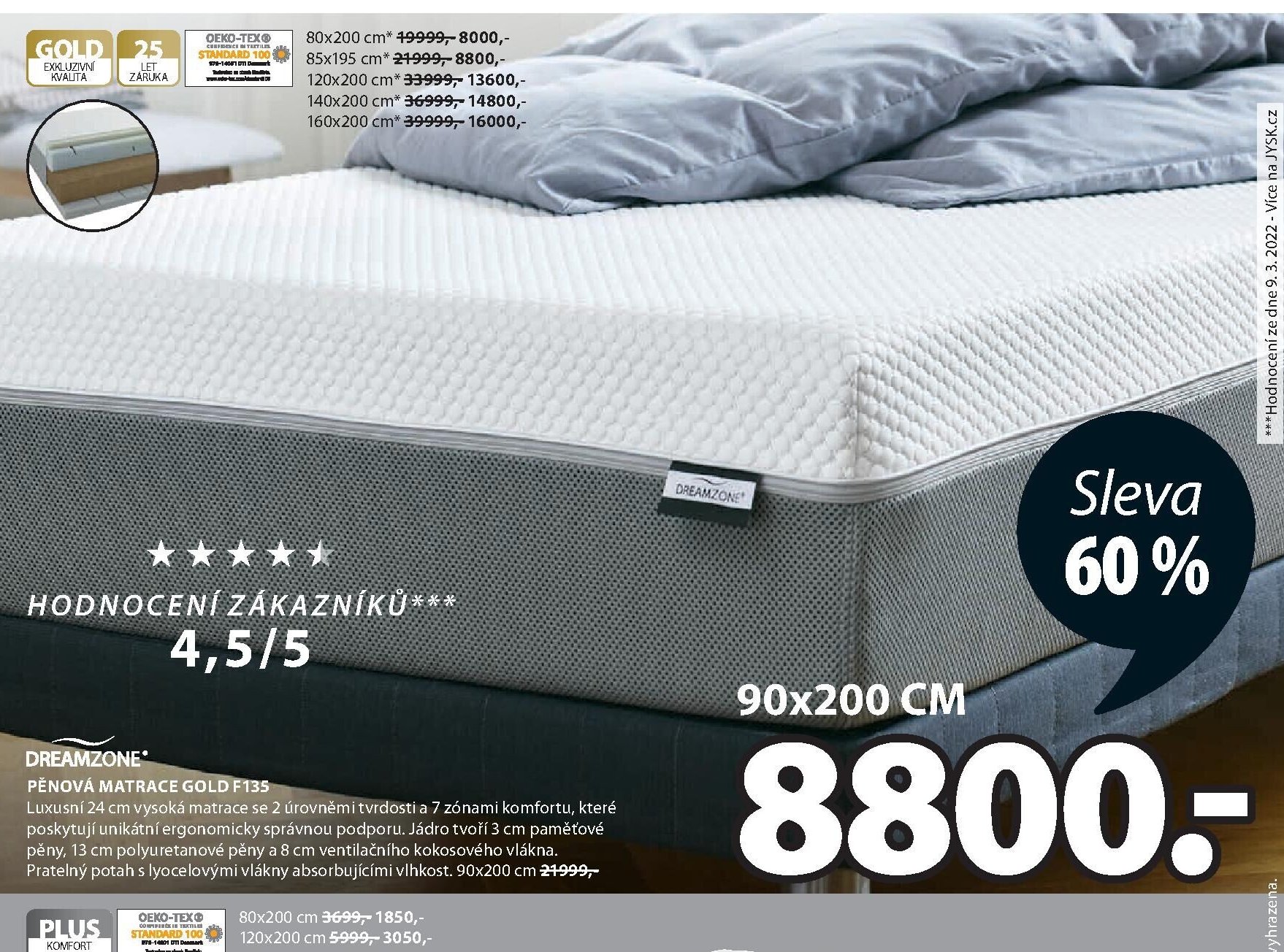 DREAMZONE PĚNOVÁ MATRACE GOLD F135
