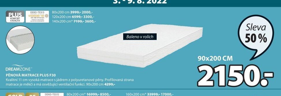 DREAMZONE PĚNOVÁ MATRACE PLUS F30