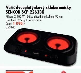 Vařič dvouplotýnkový sklokeramický SENCOR SCP 2263BK