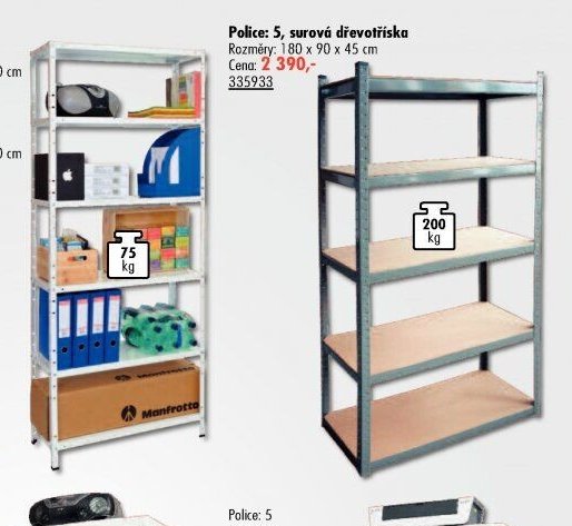 Kovový regál (5 polic, surová dřevotříska)