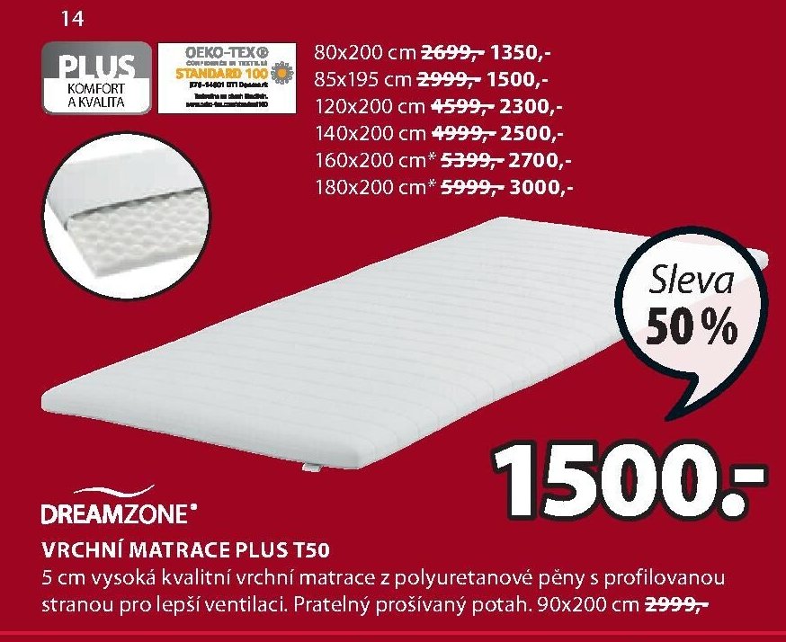 VRCHNÍ MATRACE PLUS T50
