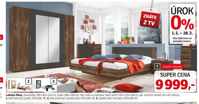 Ložnice Nora, 1. dub bahnitý/grafit, 2. dub prkenný/alpská bílá, 3. alpská bílá/antracit