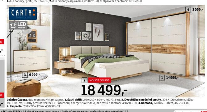 Ložnice Cadora, 1. Šatní skříň, 2. Dvoulůžko s nočními stolky, 3. Komoda, 4. Pasparta