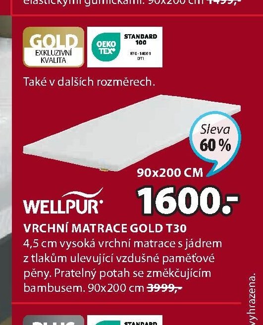 WELLPUR VRCHNÍ MATRACE GOLD T30