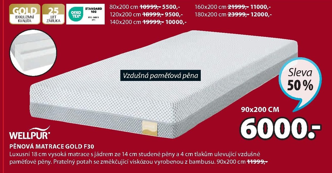 WELLPUR PĚNOVÁ MATRACE GOLD F30