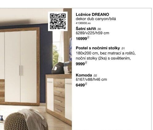 Ložnice DREANO dekor dub canyon/bílá, Šatní skříň, Postel s nočními stolky, Komoda