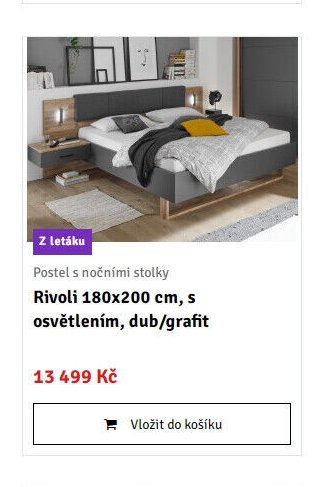 Postel s nočními stolky Rivoli 180x200 cm, s osvětlením, dub/grafit
