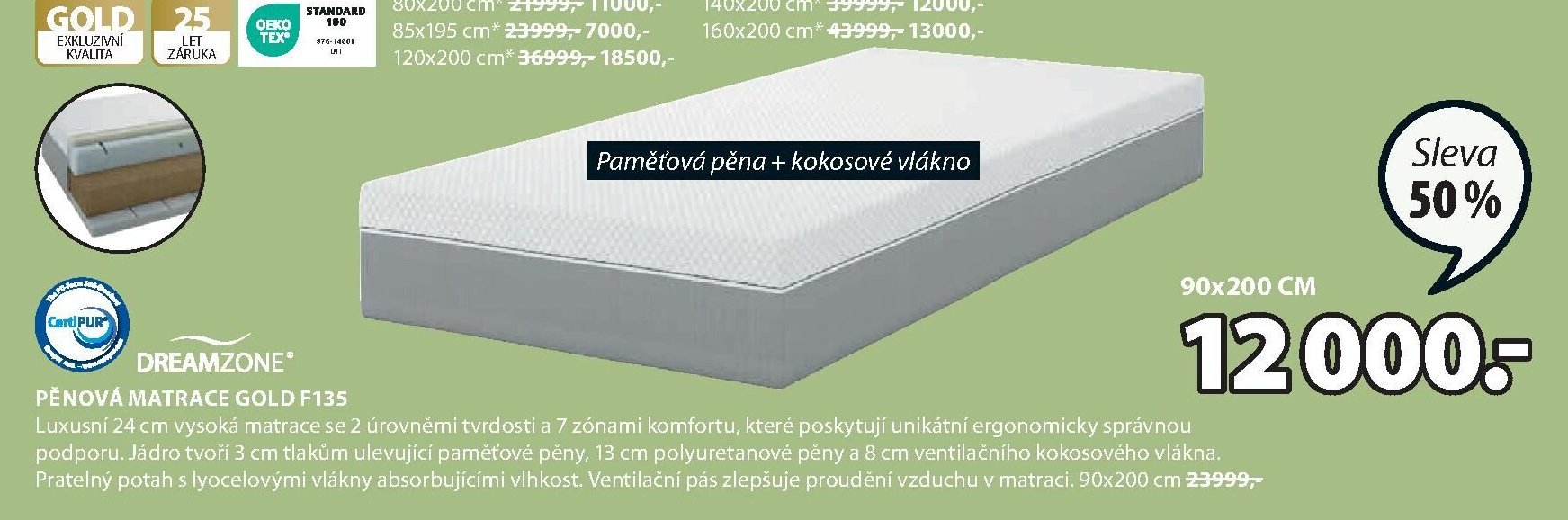 DREAMZONE PĚNOVÁ MATRACE GOLD F135