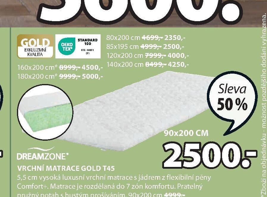 DREAMZONE VRCHNÍ MATRACE GOLD T45