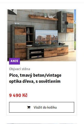 Obývací stěna Pico, tmavý beton/vintage optika dřeva, s osvětlením
