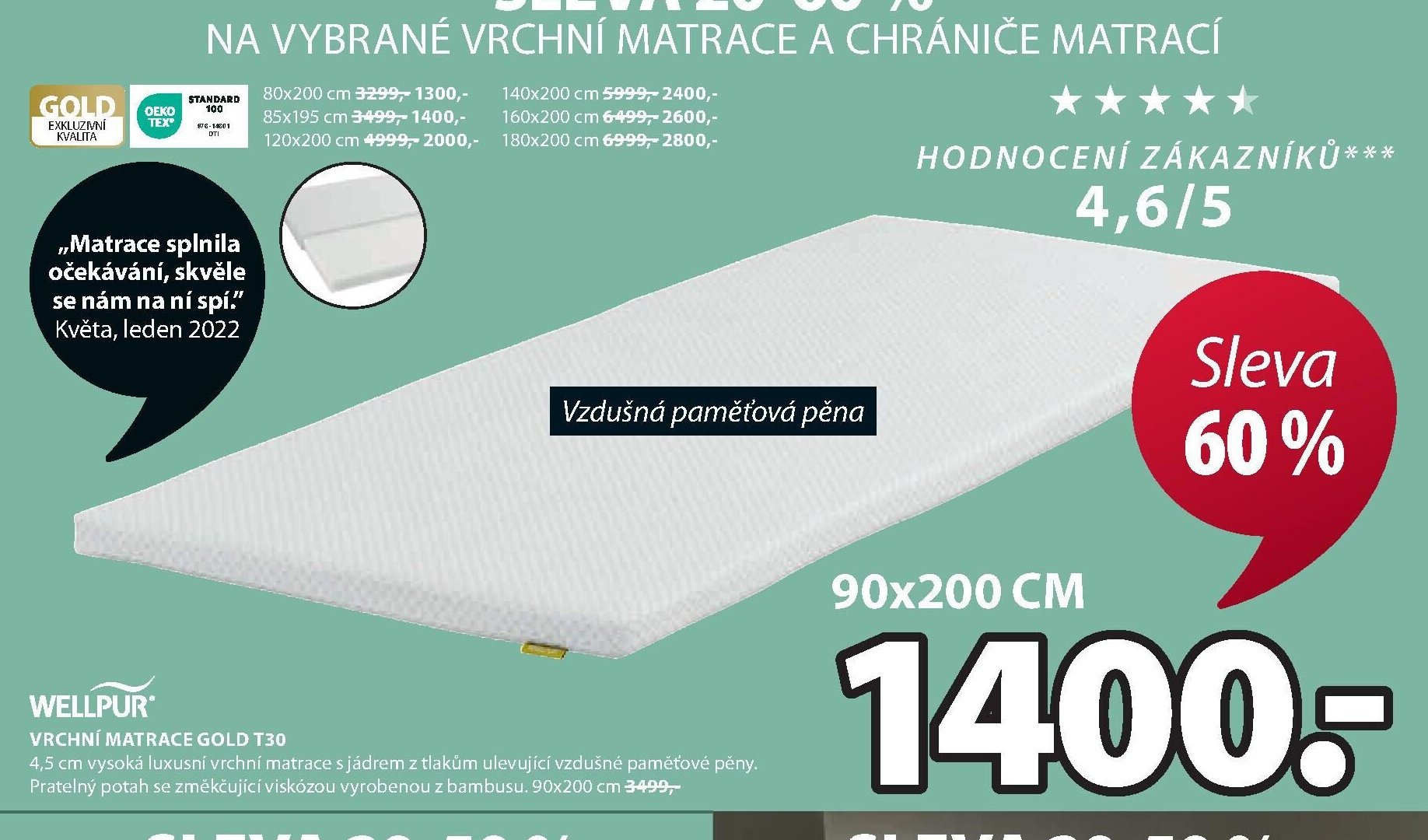 VRCHNÍ MATRACE GOLD T30