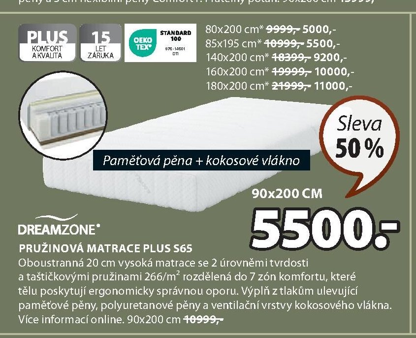 DREAMZONE PRUŽINOVÁ MATRACE PLUS S65