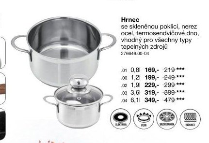 Hrnec se skleněnou poklicí, nerez ocel, termosendvičové dno, vhodný pro všechny typy zdrojů