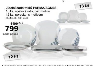 Jídelní sada talířů PARMA/AGNES 18 ks, opálové sklo, bez motivu / 12 ks, porcelán s motivem