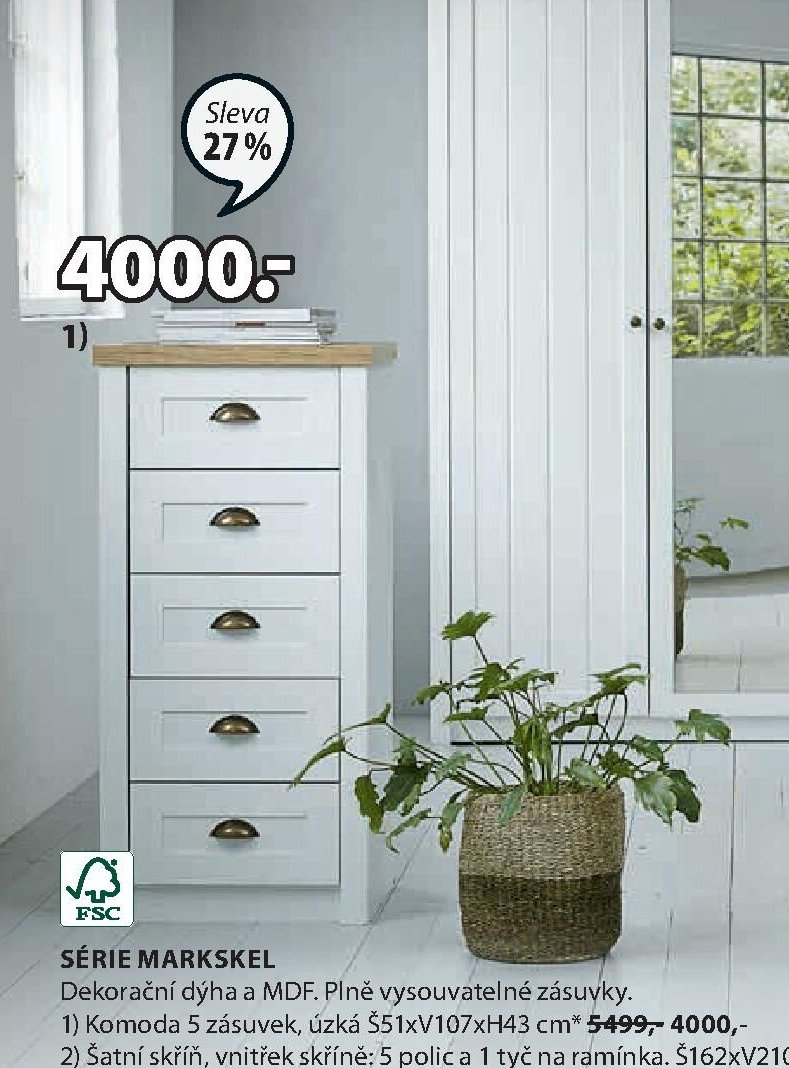Komoda 5 zásuvek, úzká Š51xV107xH43 cm