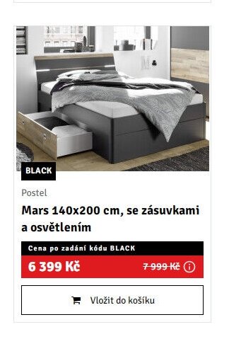 Postel Mars 140x200 cm, se zásuvkami a osvětlením