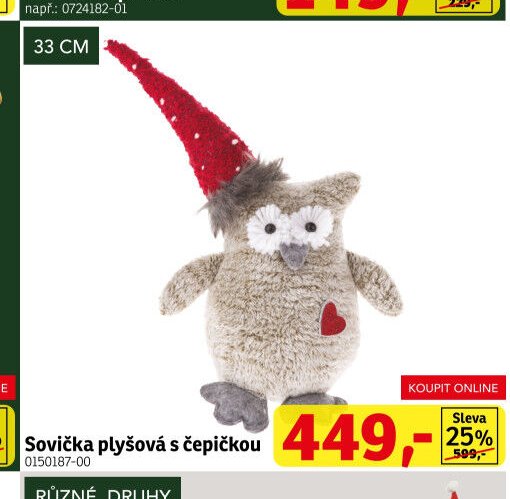 Sovička plyšová s čepičkou