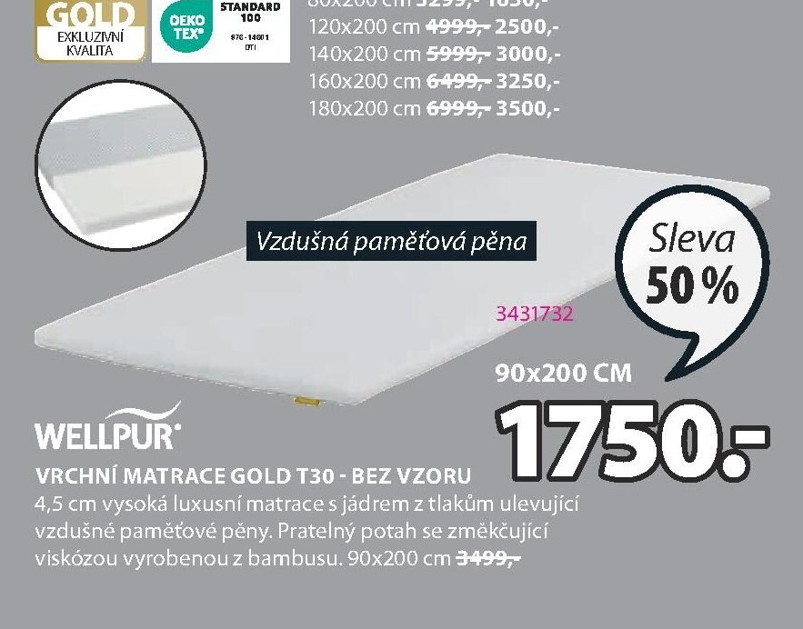 VRCHNÍ MATRACE GOLD T30 - BEZ VZORU