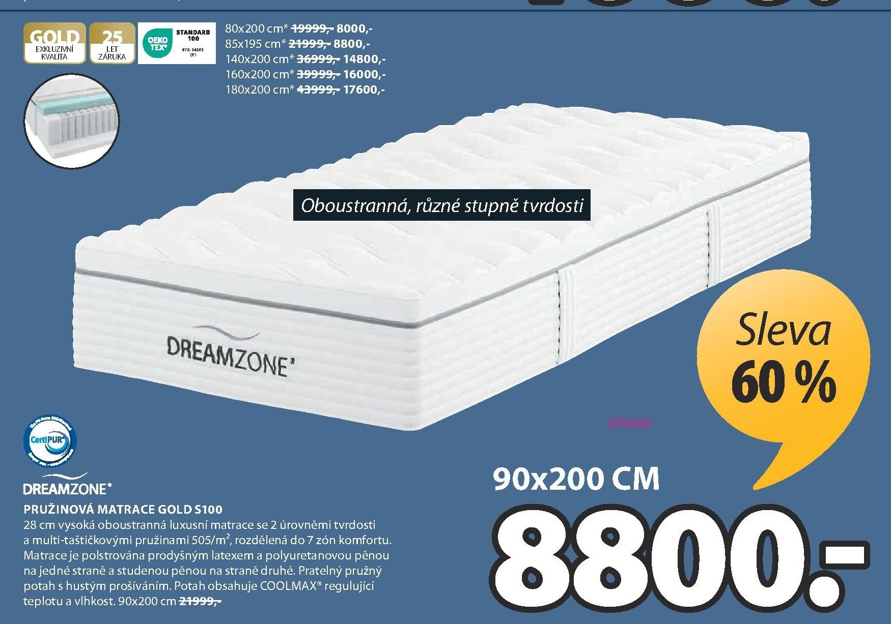DREAMZONE PRUŽINOVÁ MATRACE GOLD S100