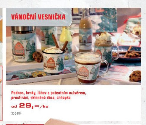 Podnos, hrnky, láhev s patentním uzávěrem, prostírání, skleněná dóza, chňapka