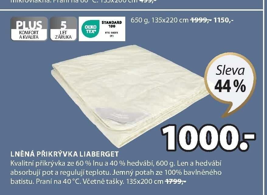 LNĚNÁ PŘIKRÝVKA LIABERGET 650 g, 135x220 cm