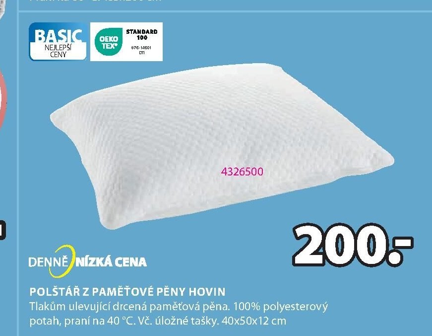 BASIC Polštář z paměťové pěny HOVIN 40x50x12 cm