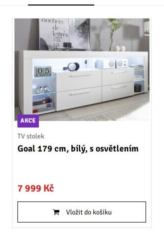 TV stolek Goal 179 cm, bílý, s osvětlením