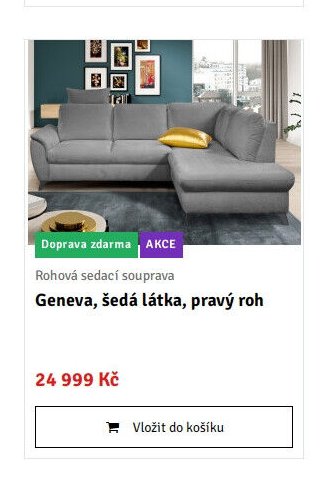Rohová sedací souprava Geneva, šedá látka, pravý roh
