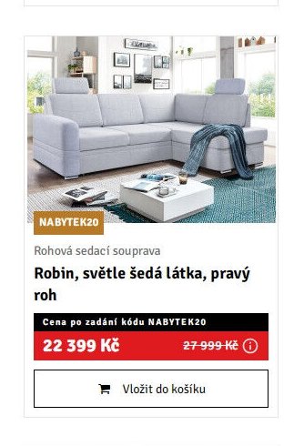 Rohová sedací souprava Robin, světle šedá látka, pravý roh