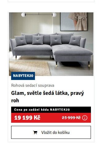 Rohová sedací souprava Glam, světle šedá látka, pravý roh