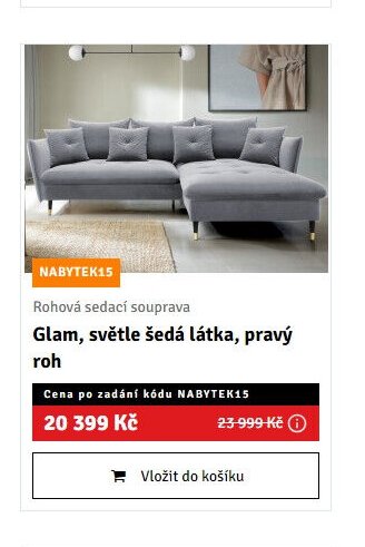 Rohová sedací souprava Glam, světle šedá látka, pravý roh