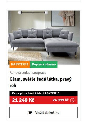 Rohová sedací souprava Glam, světle šedá látka, pravý roh