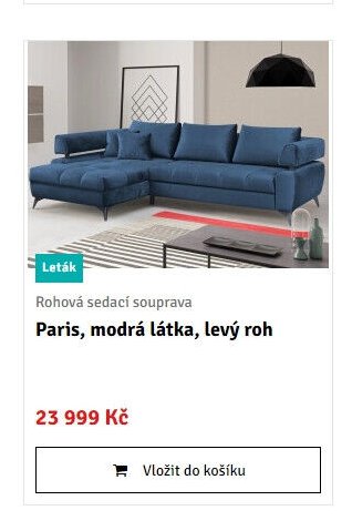 Rohová sedací souprava Paris, modrá látka, levý roh