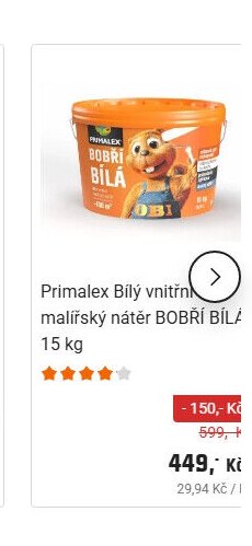 Primalex Bílý vnitřní malířský nátěr BOBŘÍ BÍLÁ, 15 kg