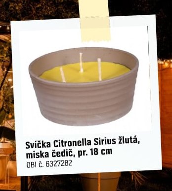 Svíčka Citronella Sirius žlutá, miska čedič, pr. 18 cm