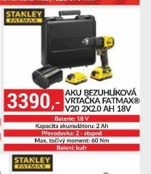 Stanley Fatmax Aku bezuhlíková vrtačka V20 2x2.0 Ah 18V