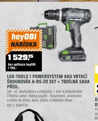 LUX-TOOLS 1 POWERSYSTEM AKU VRTACÍ ŠROUBOVÁK A-BS-20 SET + 78DÍLNÁ SADA PŘÍSL.