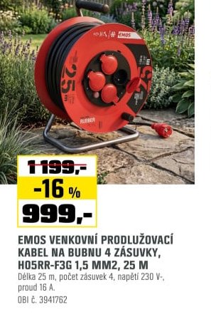 EMOS VENKOVNÍ PRODLUŽOVACÍ KABEL NA BUBNU 4 ZÁSUVKY, H05RR-F3G 1,5 MM2, 25 M