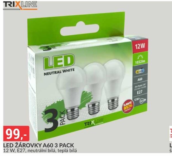 LED ŽÁROVKY A60 3 PACK 12 W, E27, neutrální bílá, teplá bílá
