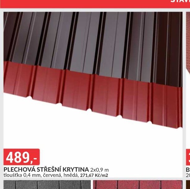 PLECHOVÁ STŘEŠNÍ KRYTINA 2x0,9 m tloušťka 0,4 mm, červená, hnědá, 271,67 Kč/m2