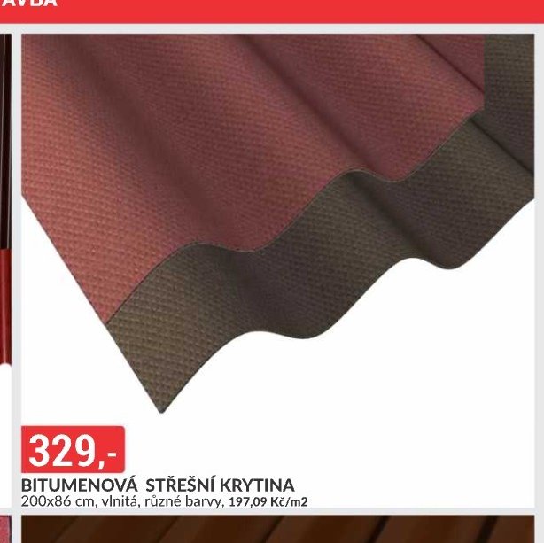 BITUMENOVÁ STŘEŠNÍ KRYTINA 200x86 cm, vlnitá, různé barvy, 197,09 Kč/m2